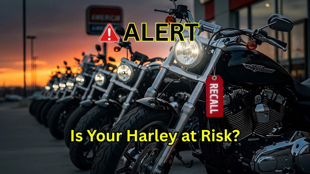 Harley Davidson recall alert thumbnail showing motorcycles with a red recall tag and warning symbol, highlighting safety risk in 2025.