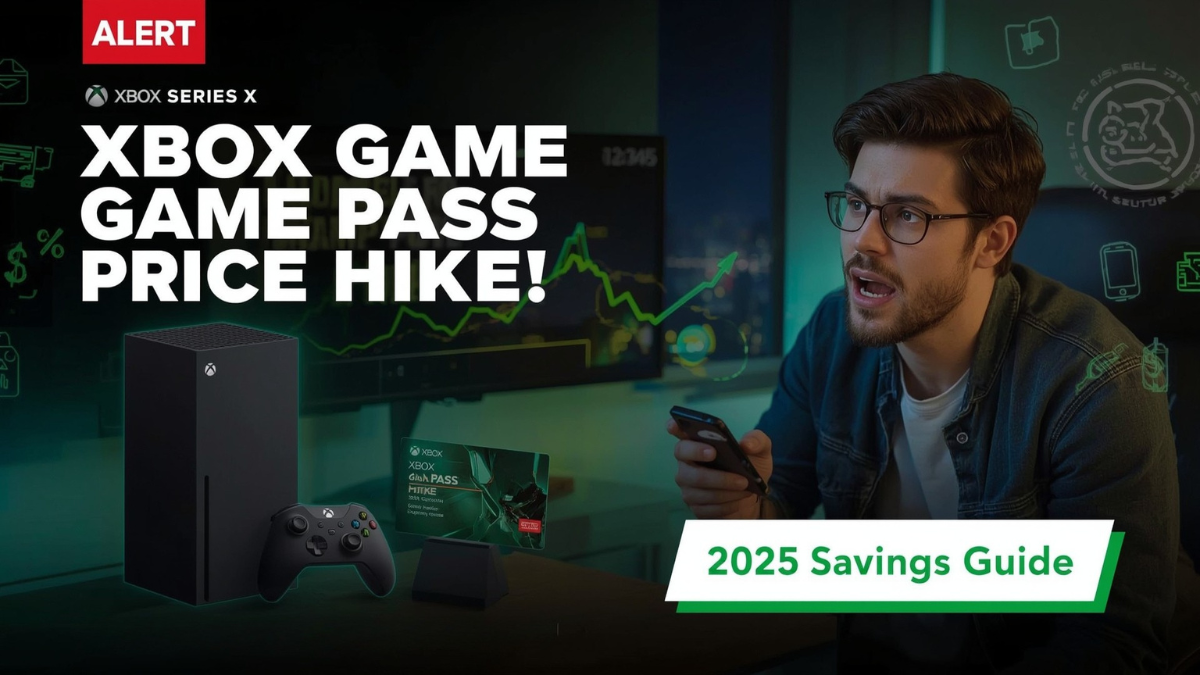 Xbox Series X, Game Pass card, shocked gamer, and “price hike” alert in U.S. apartment.