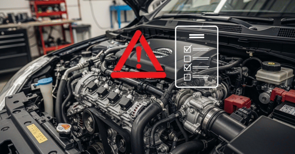 Nissan engine recall alert with car engine, warning triangle, and checklist icon.