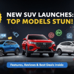 New SUV launches, three cars in showroom, glowing badges, excited buyers, and feature icons.