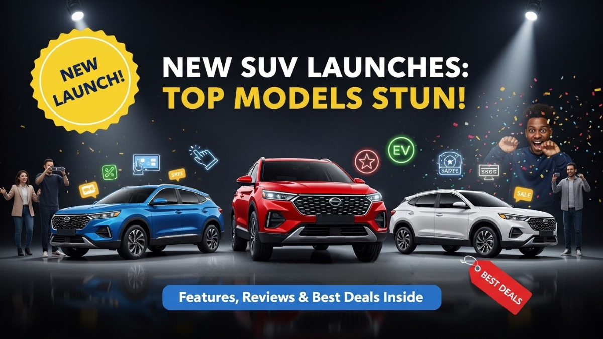 New SUV launches, three cars in showroom, glowing badges, excited buyers, and feature icons.