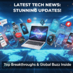 Latest tech news gadgets collage, breaking news badge, and glowing digital world map.