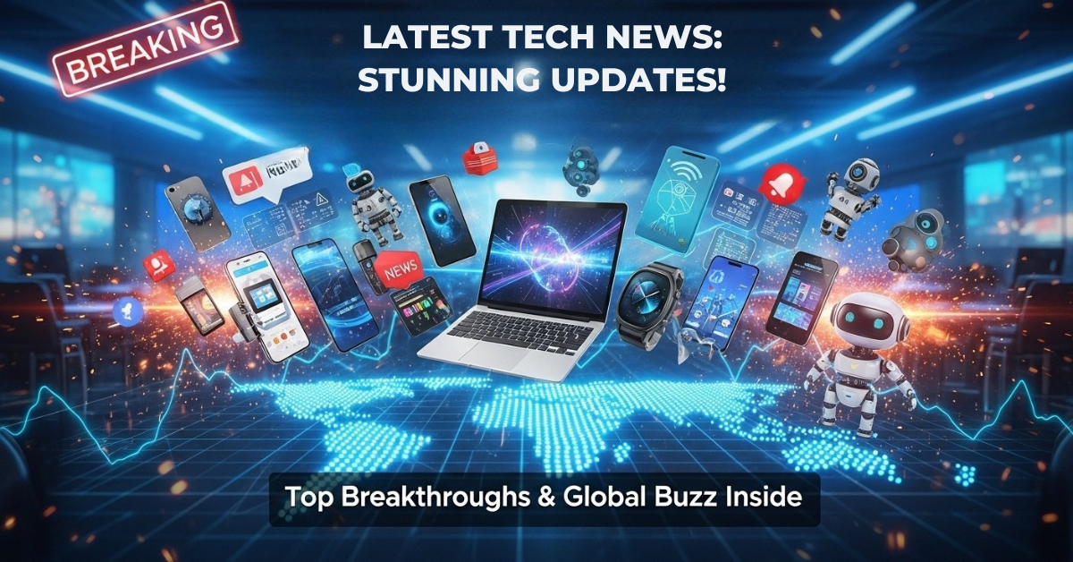 Latest tech news gadgets collage, breaking news badge, and glowing digital world map.