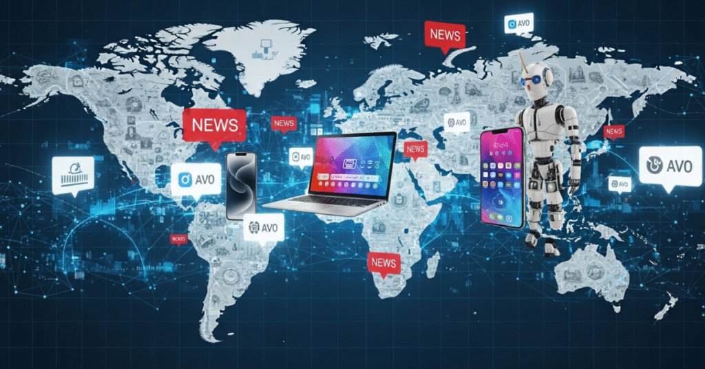 Collage of trending tech gadgets and AI robots with news alerts and digital world map, representing latest tech news.