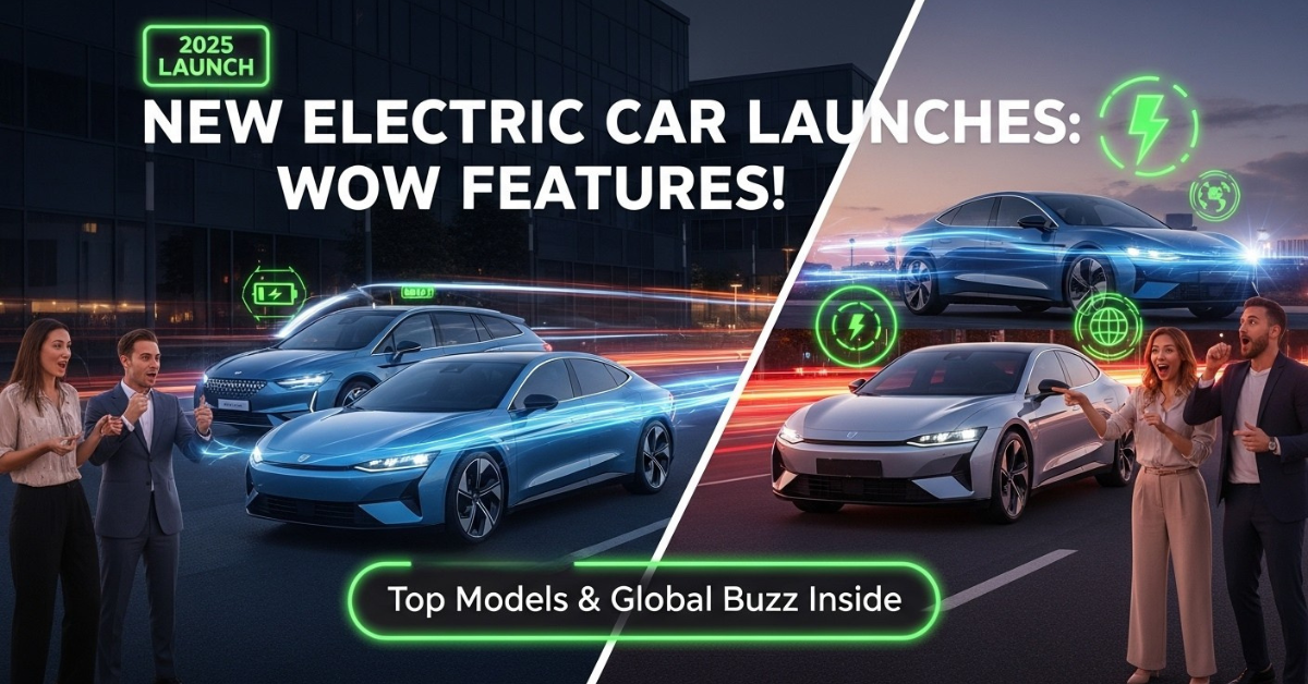 New electric car launches, excited buyers, glowing HUD overlays, and city street at dusk.