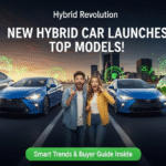 New hybrid car launches with excited buyers, glowing eco icons, and “New Launch” badge on city road.