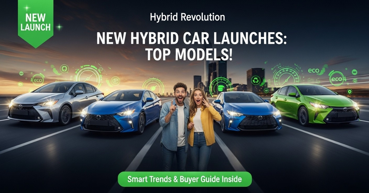 New hybrid car launches with excited buyers, glowing eco icons, and “New Launch” badge on city road.