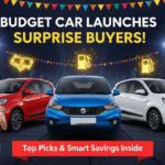 Budget car launches, excited buyers with savings tags, and vibrant city showroom background.