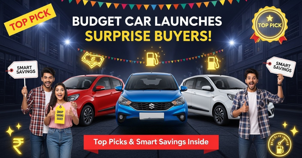 Budget car launches, excited buyers with savings tags, and vibrant city showroom background.