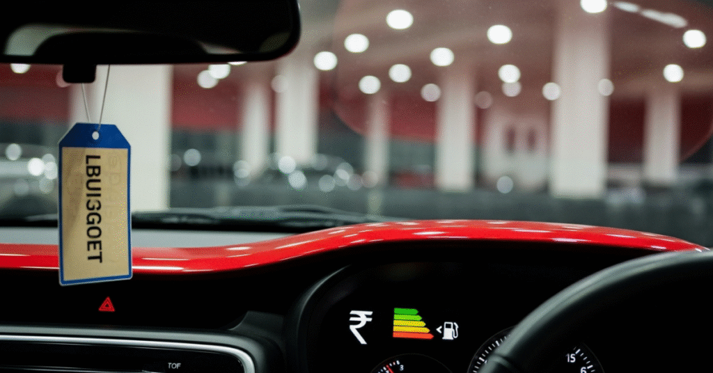 Budget car dashboard with price tag, rupee symbol, and fuel efficiency icon glowing.