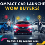 Compact car launches, excited buyers, wow badge, and sparkling auto show scene.