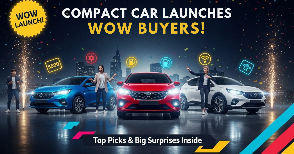Compact car launches, excited buyers, wow badge, and sparkling auto show scene.