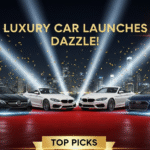 Luxury car launches: three premium cars on red carpet with spotlights, gala event, and gold “First Look” badge.