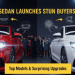 Sedan launches 2025, two new cars at auto expo, glowing headlights, and amazed buyers.