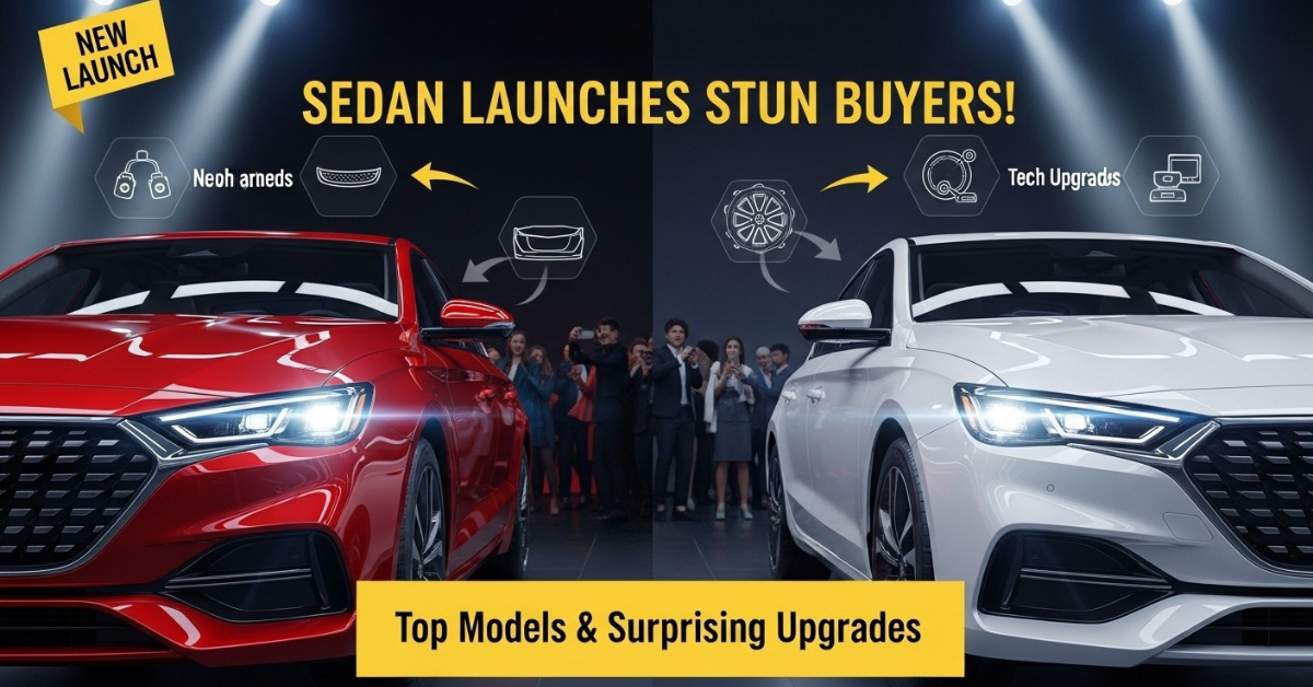 Sedan launches 2025, two new cars at auto expo, glowing headlights, and amazed buyers.