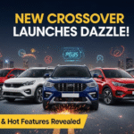 New crossover launches, lineup of colorful SUVs with glowing badge and city background.