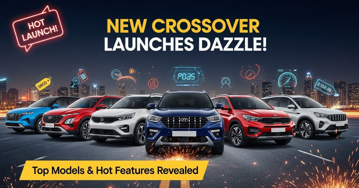 New crossover launches, lineup of colorful SUVs with glowing badge and city background.