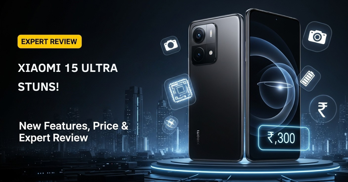 xiaomi 15 ultra smartphone, glowing features, expert review badge, and futuristic city background.