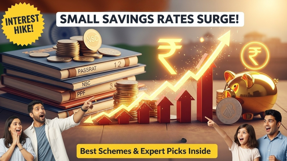 Small savings schemes interest rates hike, upward graph, excited Indian family, passbooks, and rupee coins.
