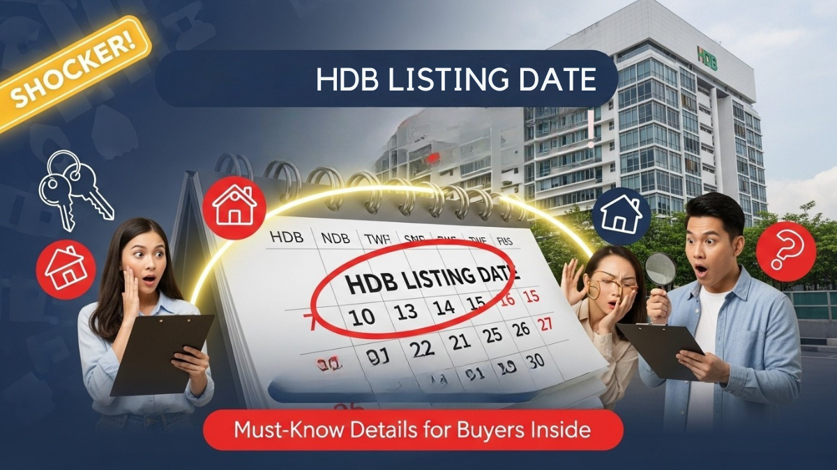 HDB building, calendar with circled listing date, shocked couple, keys, and “Shocker” badge