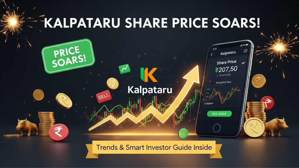 Kalpataru share price soars, upward stock chart, smartphone screen, coins, and investor icons.