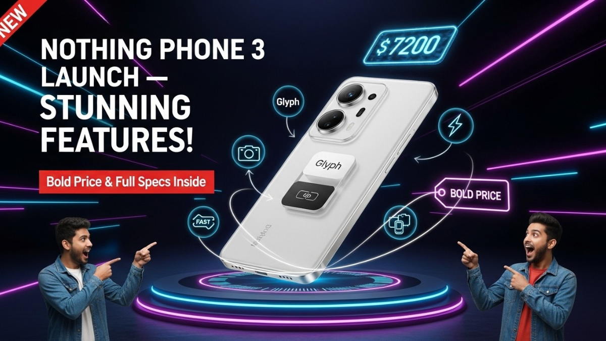 Nothing Phone 3 with glowing Glyph interface, amazed fans, bold price tag, and neon tech background.