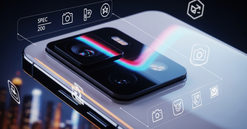 xiaomi 15 ultra camera module close-up with neon glow, ceramic finish, and spec icons.