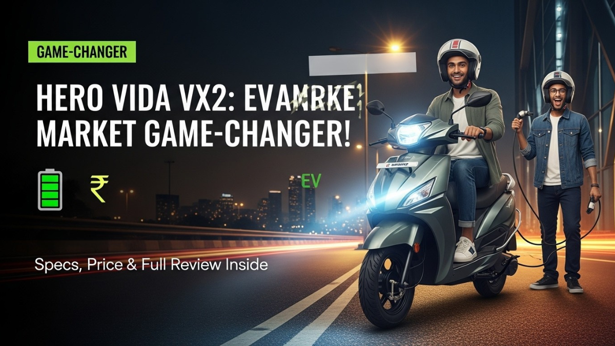 Hero Vida Vx2 electric scooter, excited rider, glowing city background, and “Game-Changer” badge.
