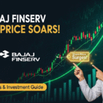 Bajaj Finserv share price surges with upward stock chart, happy investor, and investment guide badge.