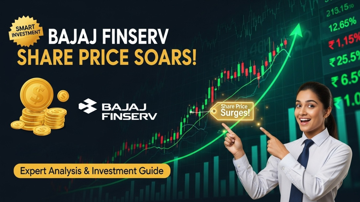 Bajaj Finserv share price surges with upward stock chart, happy investor, and investment guide badge.