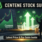 Centene stock surging, CNC logo, digital price chart, and investor celebrating with pro guide badges.