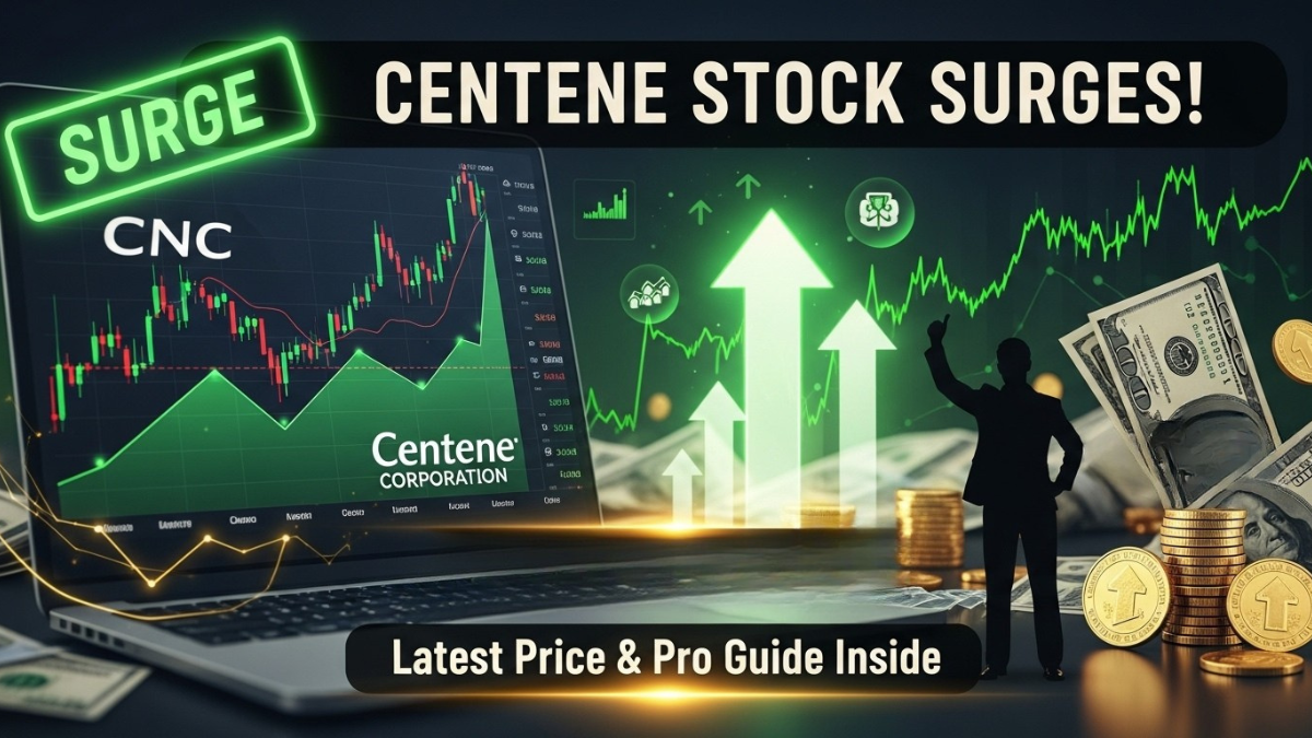 Centene stock surging, CNC logo, digital price chart, and investor celebrating with pro guide badges.