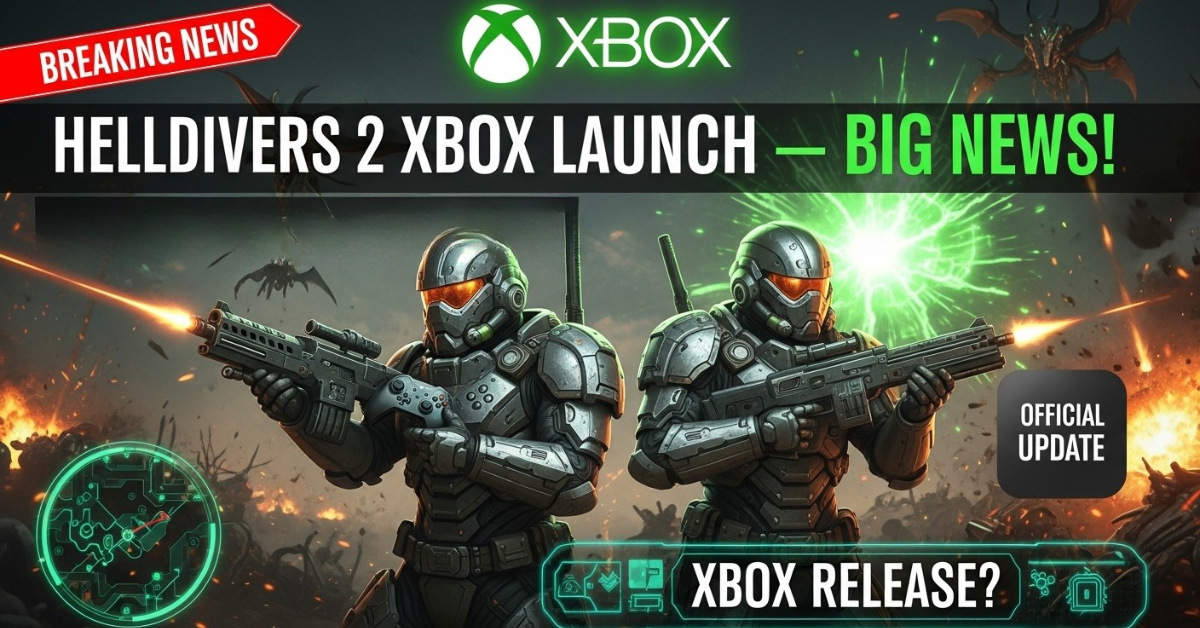 Helldivers 2 Xbox release news thumbnail with gameplay, armored soldiers, and glowing Xbox logo.