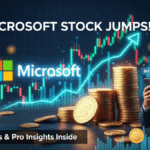 Microsoft stock chart jumps, glowing Microsoft logo, pro investor, and “TOP PICK” badge.