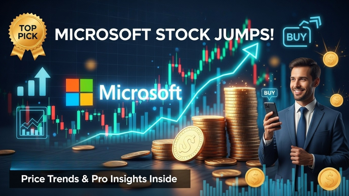 Microsoft stock chart jumps, glowing Microsoft logo, pro investor, and “TOP PICK” badge.