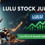 Lulu stock jumps, rising chart, golden bull, and expert analysis badge.