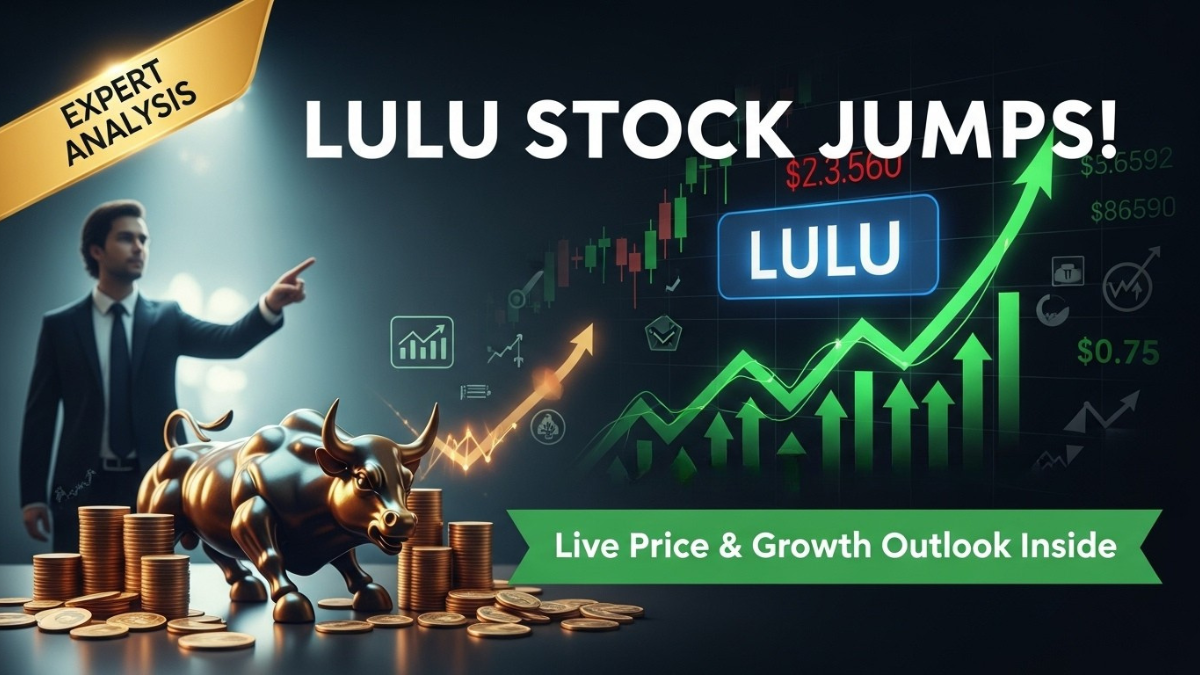 Lulu stock jumps, rising chart, golden bull, and expert analysis badge.