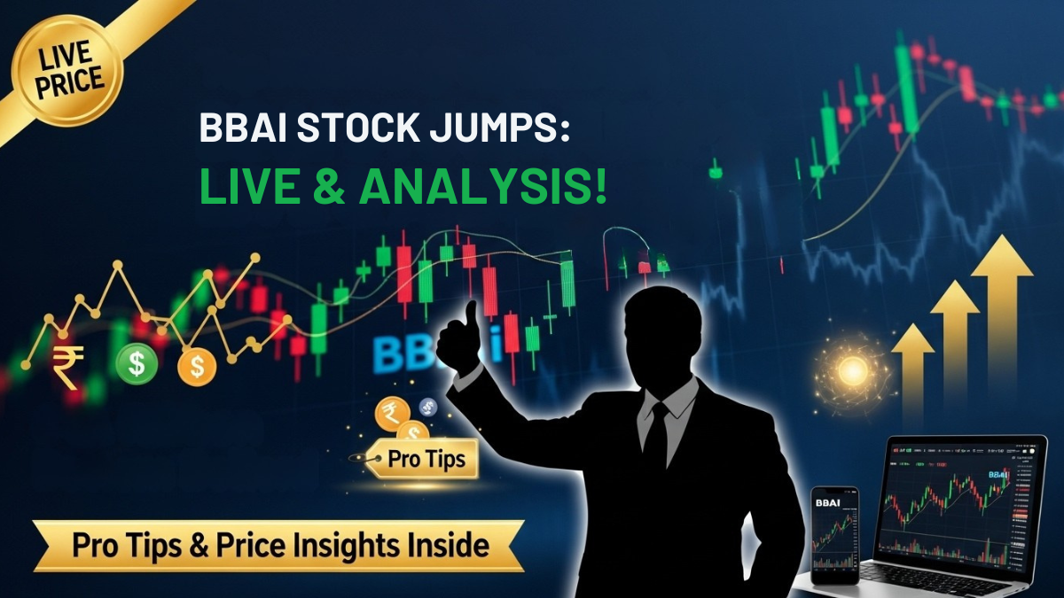 BBai stock price chart, live ticker, pro tips tag, and business investor silhouette.