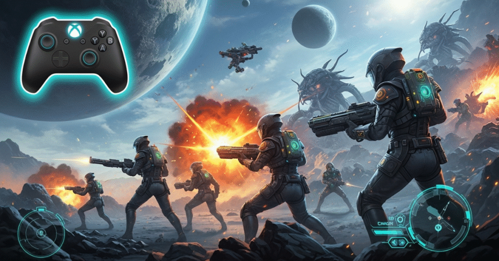 Helldivers 2 Xbox squad battle scene with Xbox controller icon, alien enemies, and sci-fi effects.