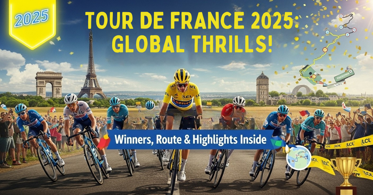 Tour de France 2025 cyclists, yellow jersey leader, French landmarks, and global highlights.