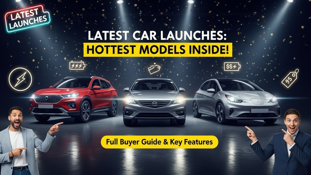 Latest car launches lineup with excited buyers, spotlights, confetti, and feature icons.