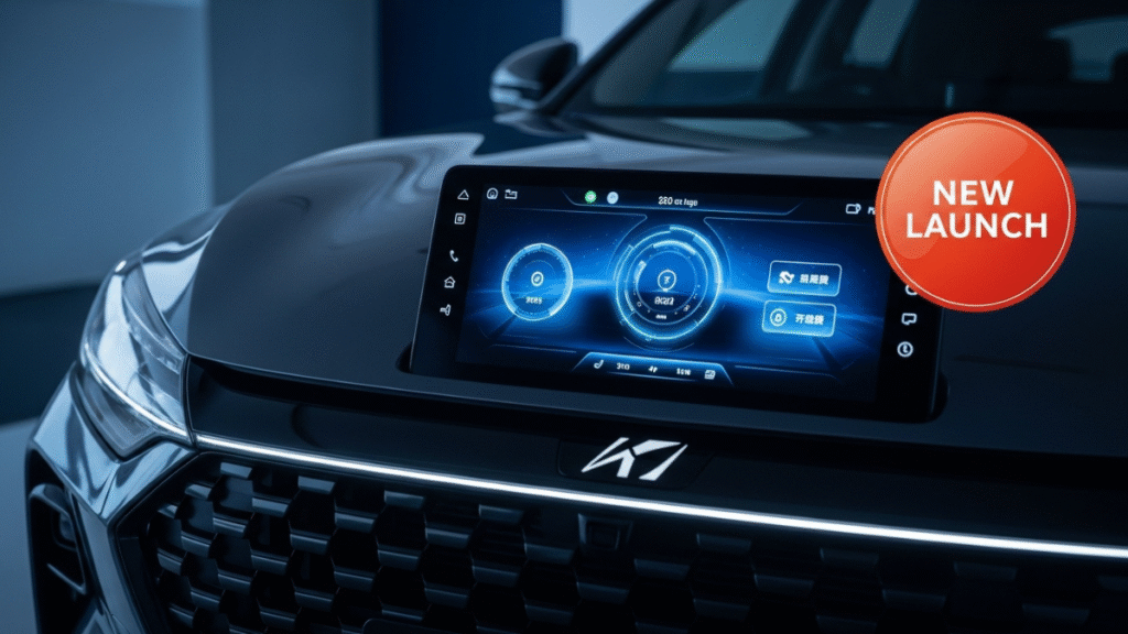 Latest car launches electric SUV front view, glowing digital dashboard, and new launch badge.