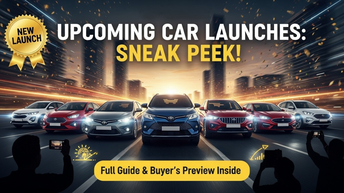 Lineup of new cars for upcoming car launches, NEW LAUNCH badge, excited buyers, and festive city background.