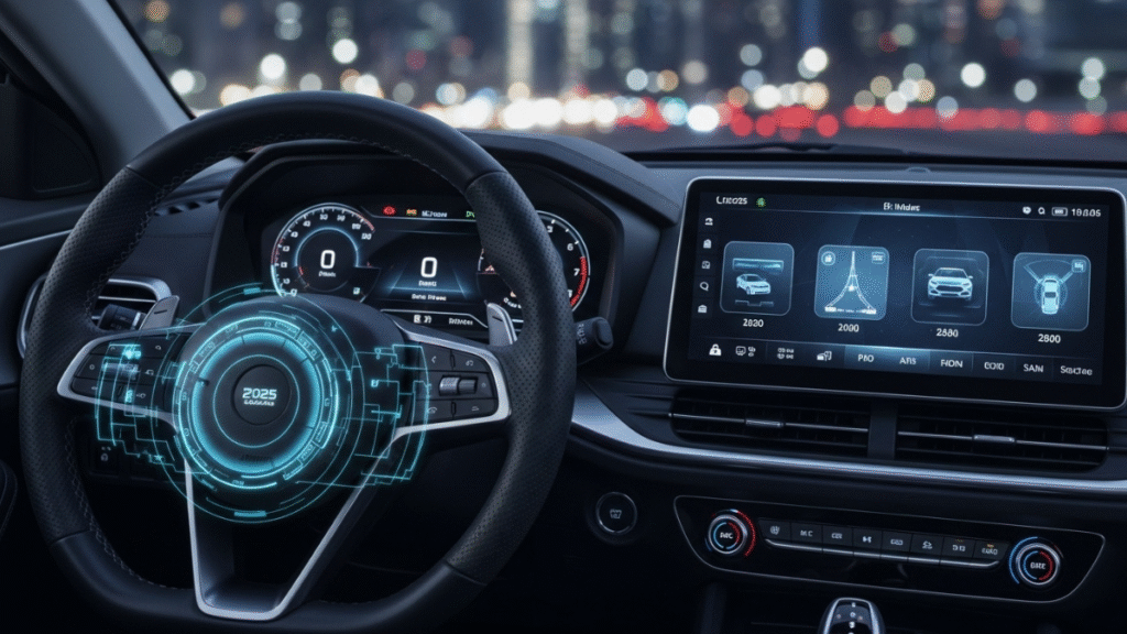Futuristic dashboard and steering wheel in a new car, highlighting features for upcoming car launches.