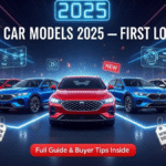 New car models 2025 lineup, excited buyers, showroom lights, and “2025” badge.