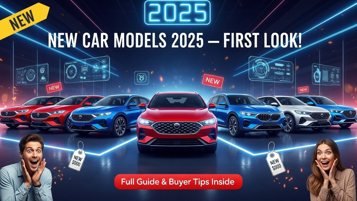 New car models 2025 lineup, excited buyers, showroom lights, and “2025” badge.