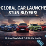 Global car launches lineup, world map background, hottest models, and international spotlight effects.