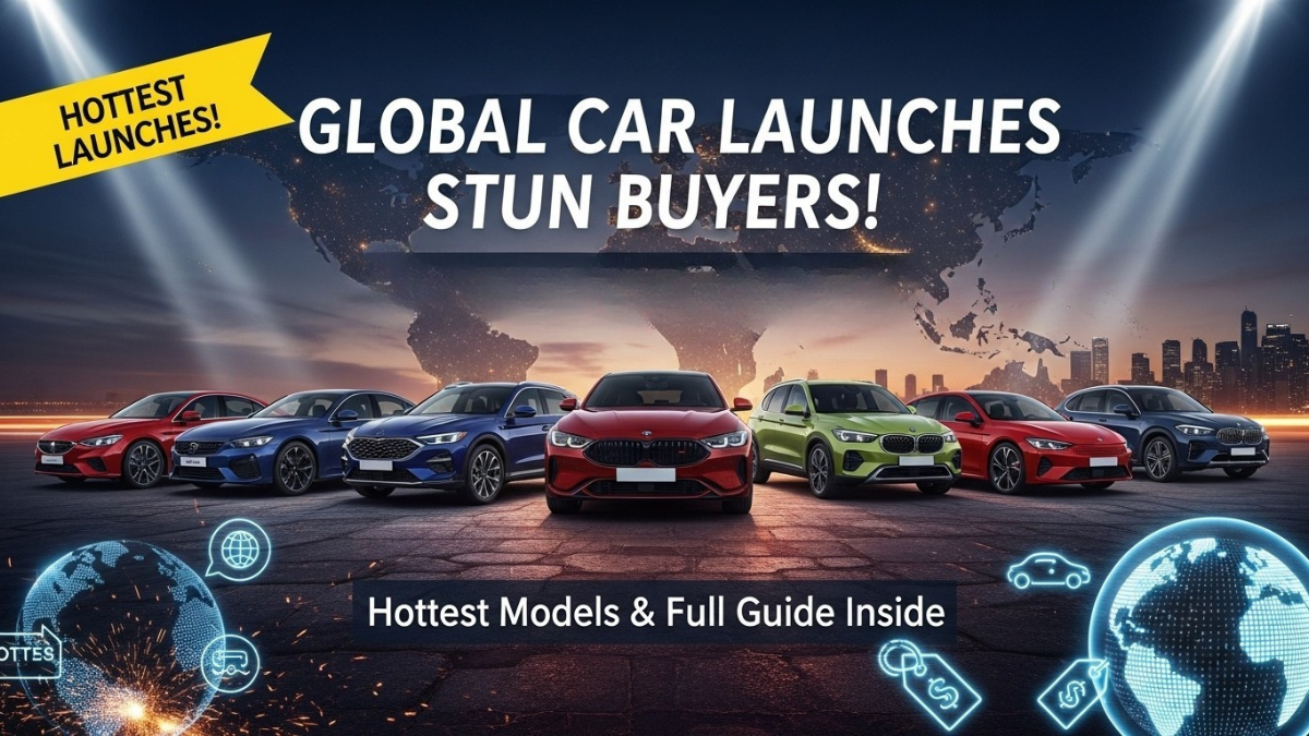 Global car launches lineup, world map background, hottest models, and international spotlight effects.