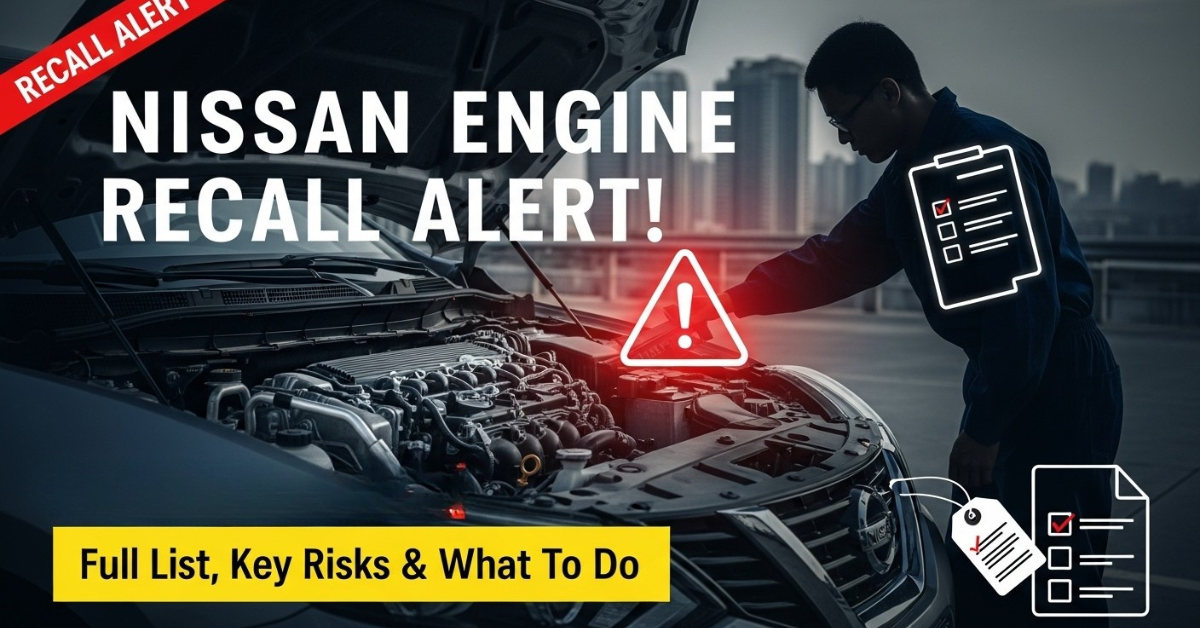 Nissan engine recall alert, car with hood open, warning symbol, recall badge, and urgent checklist.