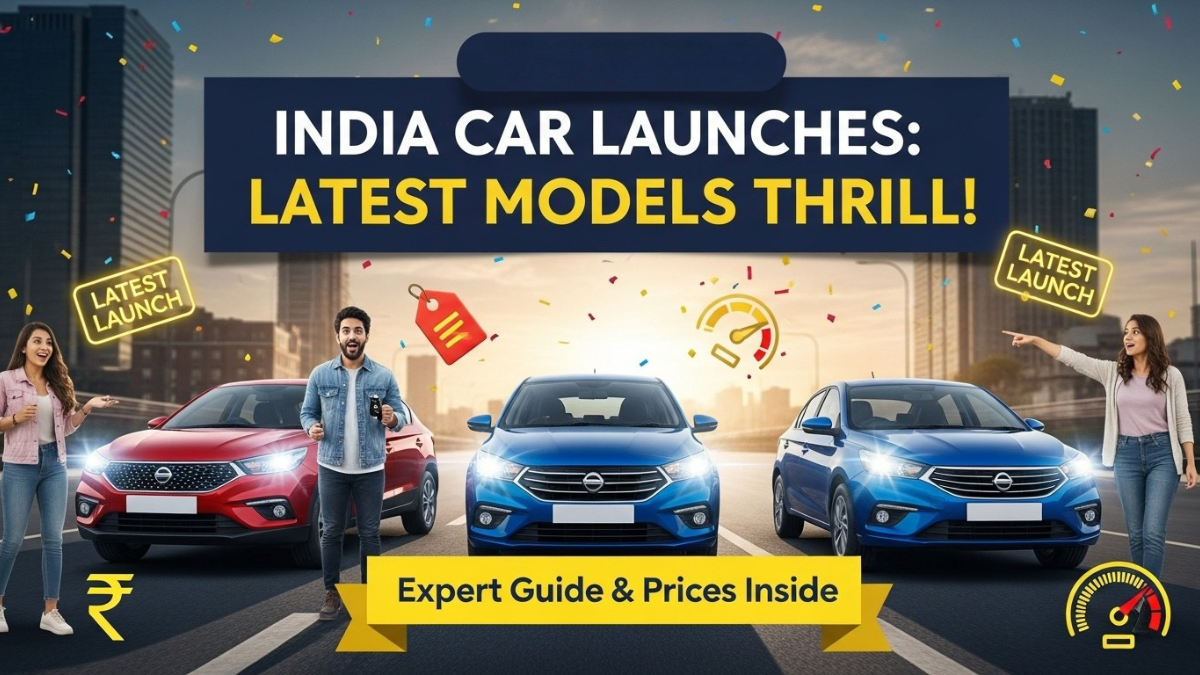 India car launches with three new cars, excited buyers, and festive “Latest Launch” badge.